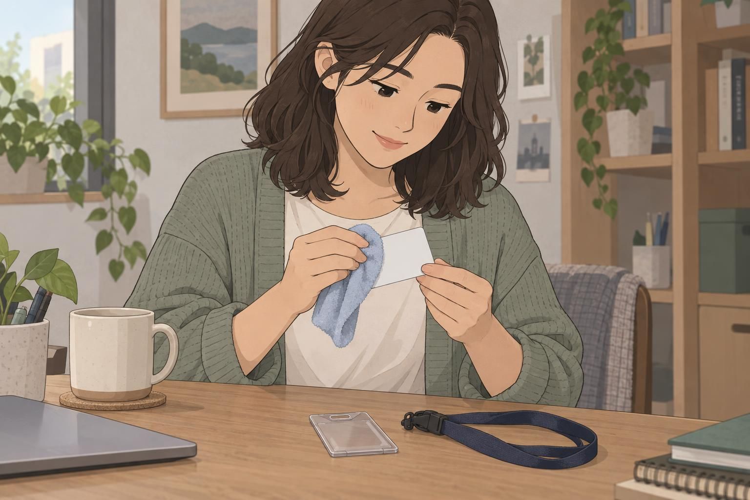 A person gently wipes both sides of an ID card with a microfiber cloth while its holder and lanyard rest separately.