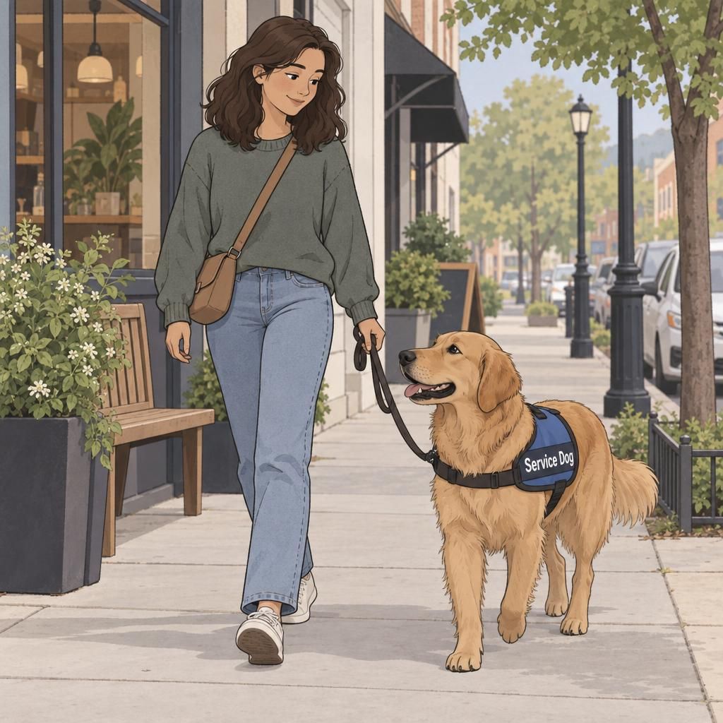A handler walks alongside a working dog wearing a clearly labeled vest, showing one way visible identification can support everyday outings.