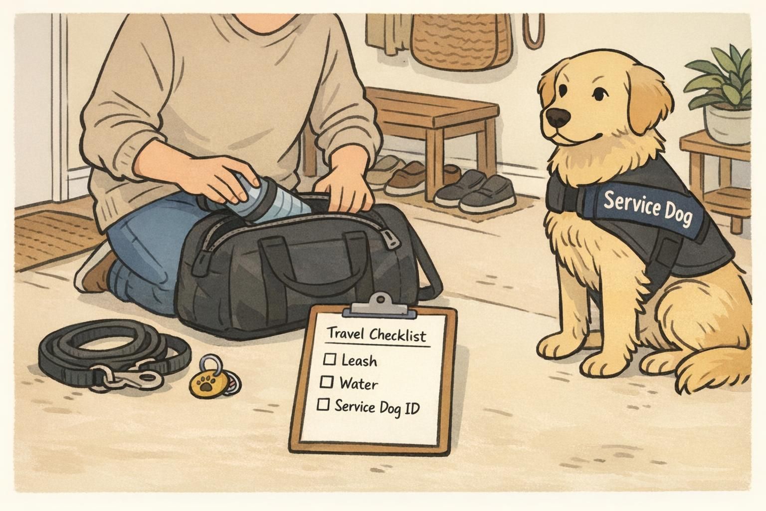 An entryway scene of a person packing a small travel bag next to a checklist that lists essential items for traveling with a service dog while the dog sits nearby.
