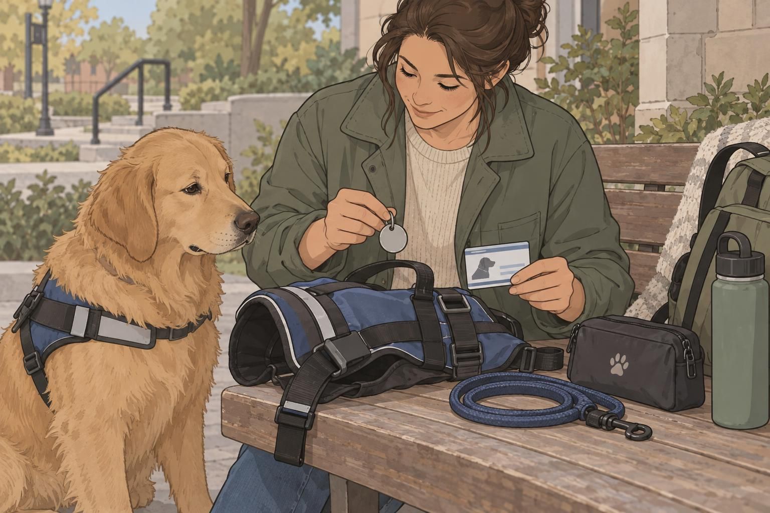 A handler prepares walking gear for a service dog, selecting a sturdy tag and identification card.