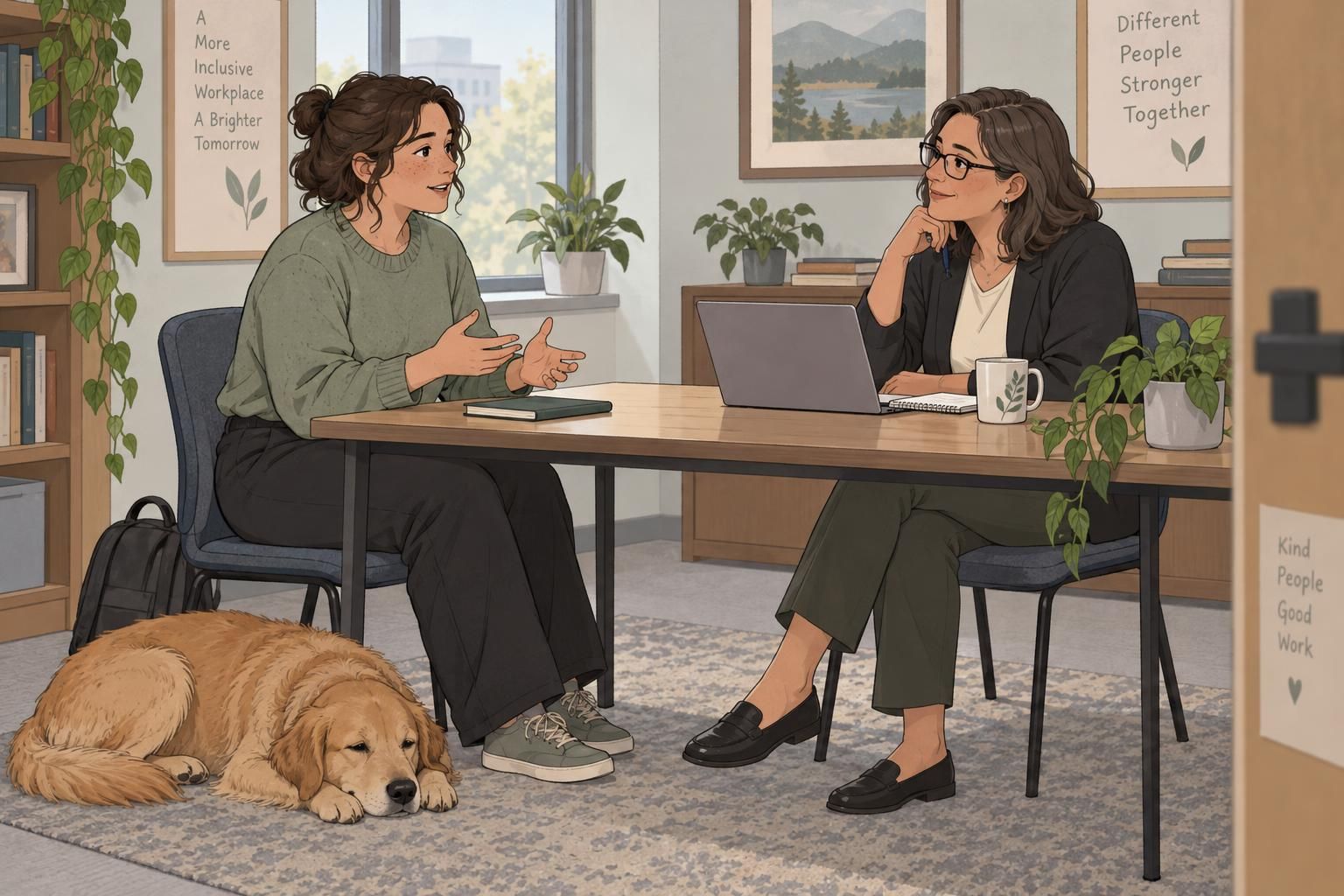 An employee and manager discuss a workplace arrangement while a service dog rests nearby.