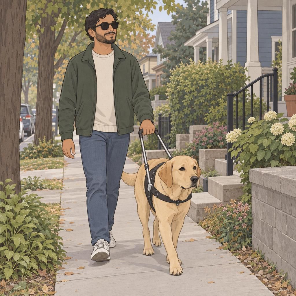 A person walks along a neighborhood sidewalk with a guide dog in a working harness, showing how the team navigates together.