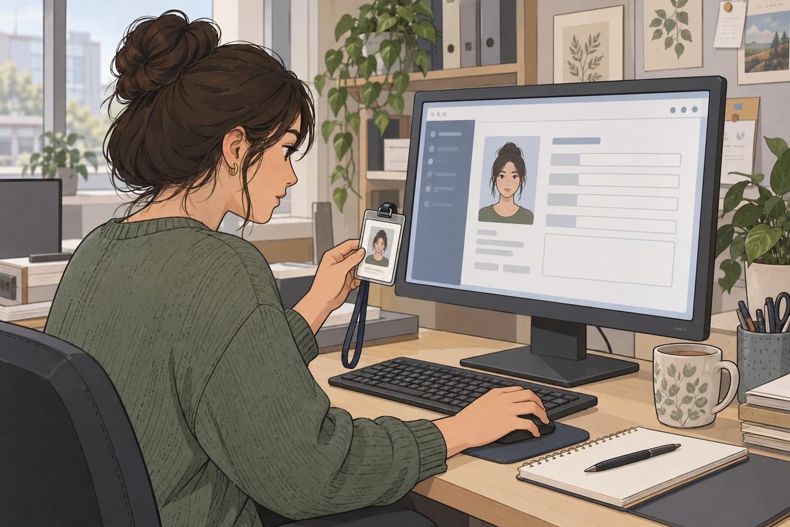An office administrator checks an employee profile beside a physical ID badge on a desk.