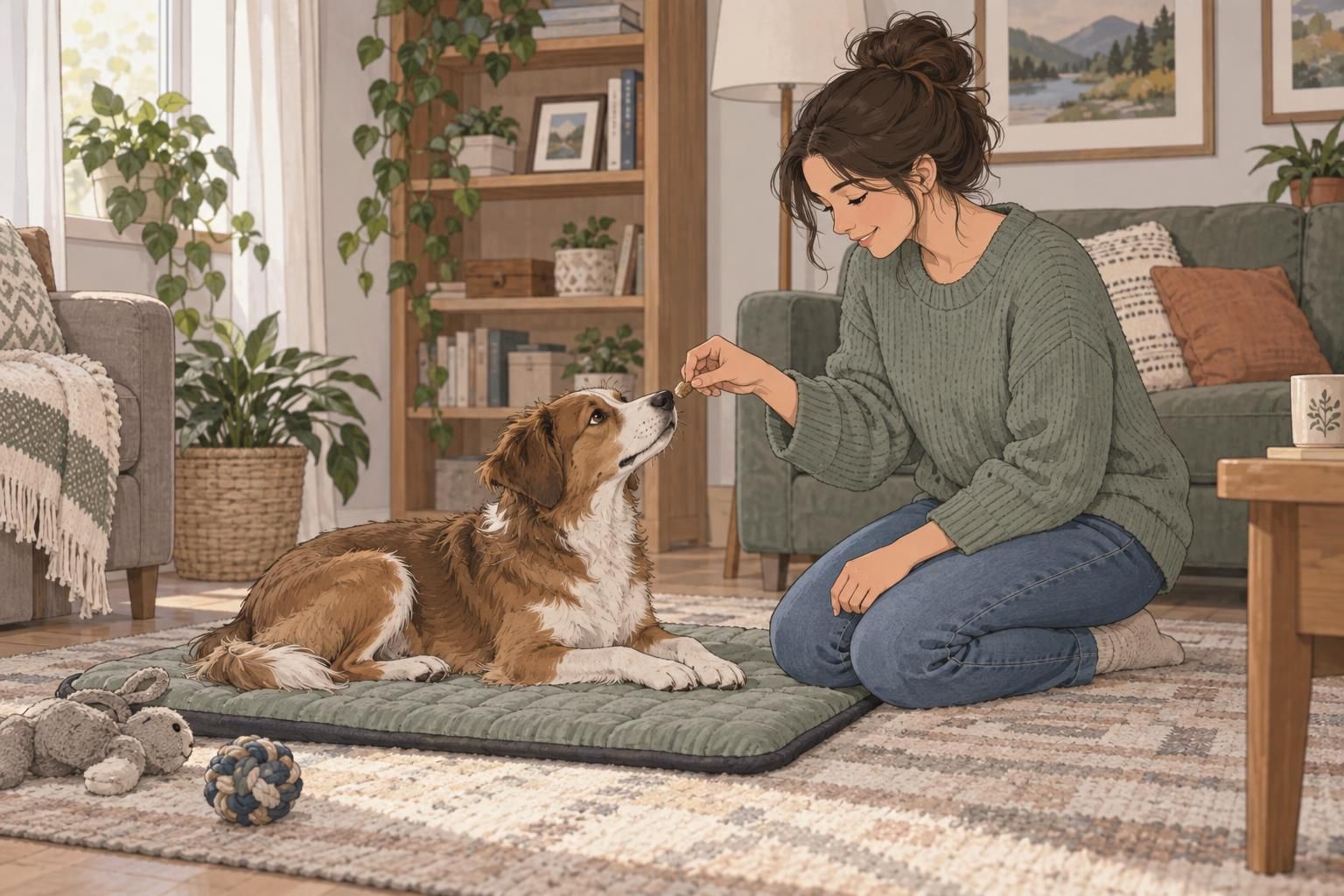 An attentive dog rests on a living-room mat while its owner rewards calm behavior.