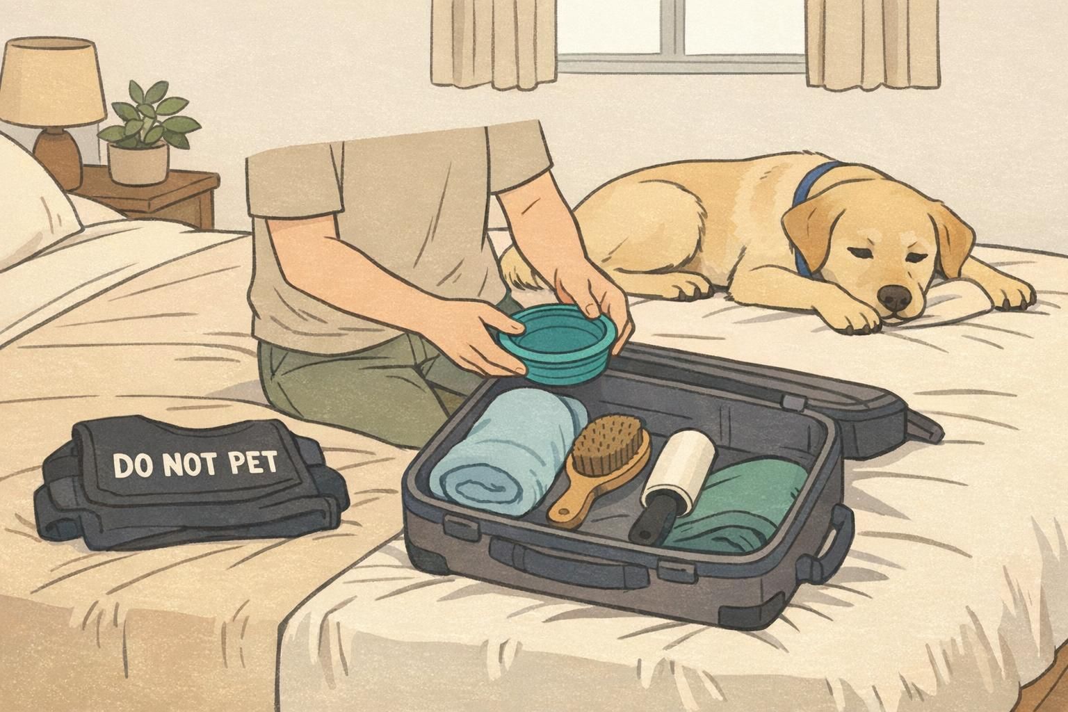 A handler packs a compact travel kit—brush, lint roller, towel, collapsible bowl—while a service dog lies nearby, prepared for an upcoming trip.