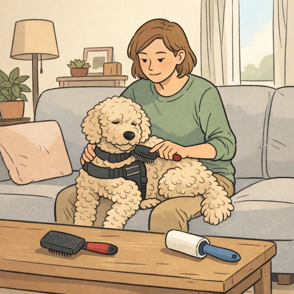 An adult handler gently brushes a curly-coated service dog on a sofa in a tidy living room, with a grooming brush and lint roller on the coffee table in soft morning light.