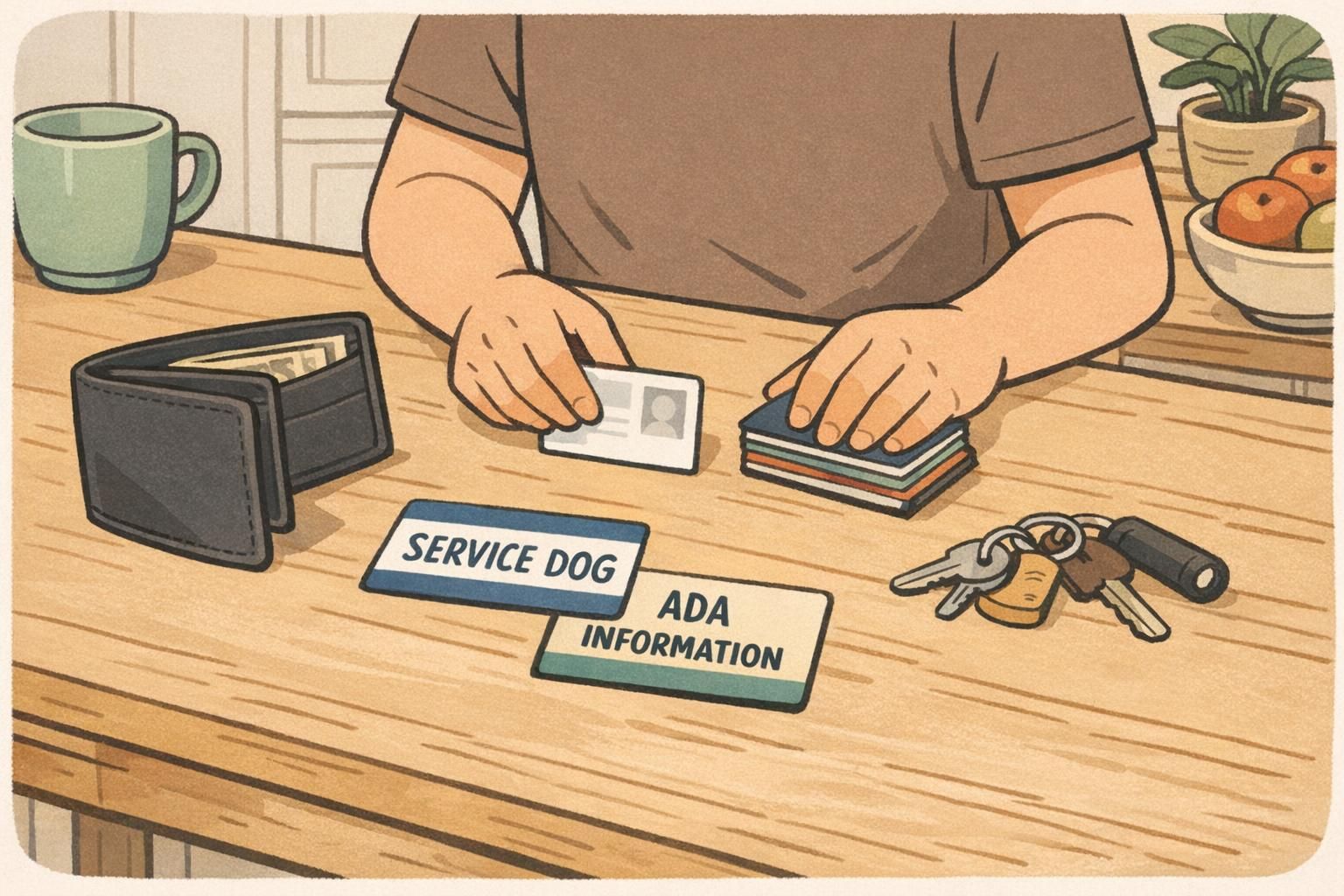 A handler organizes an everyday-carry kit on a kitchen table, including a wallet, a service dog ID card, and a small stack of ADA information cards.