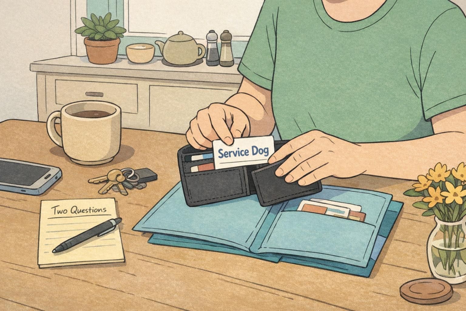 At a kitchen table a handler organizes a small folder and wallet with a visible service dog ID card and a short two-question script for quick reference.