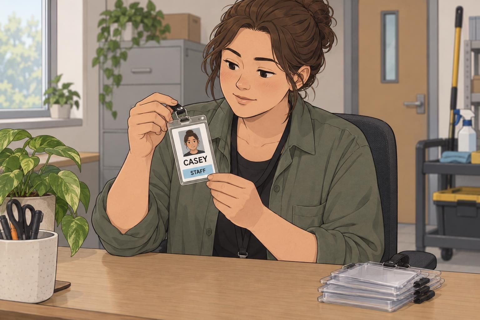 A facilities coordinator inspects an employee ID badge and clear holder for readability.