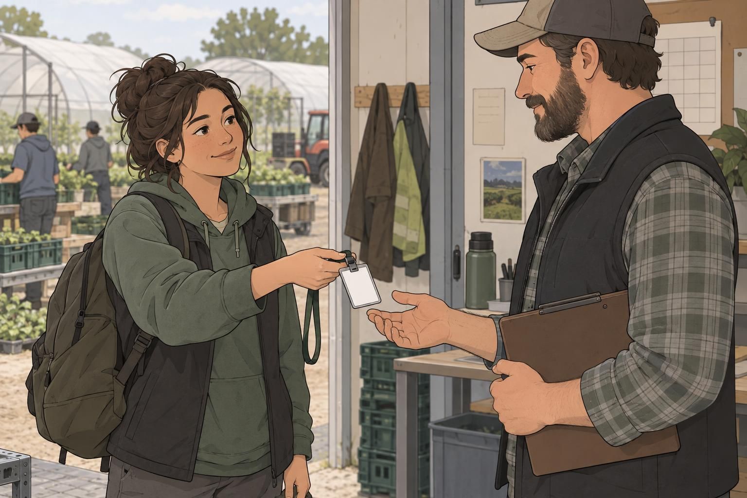 A departing seasonal worker returns a blank identification badge to a supervisor.