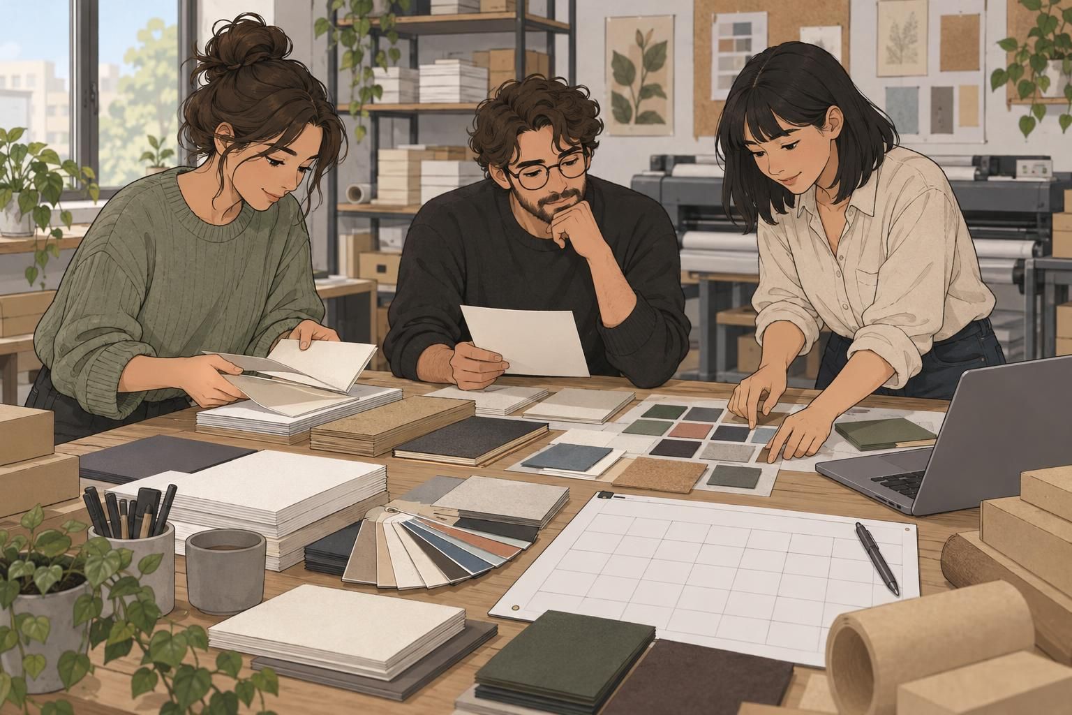 Team reviews paper samples, finish swatches, and delivery planning while preparing a print order.