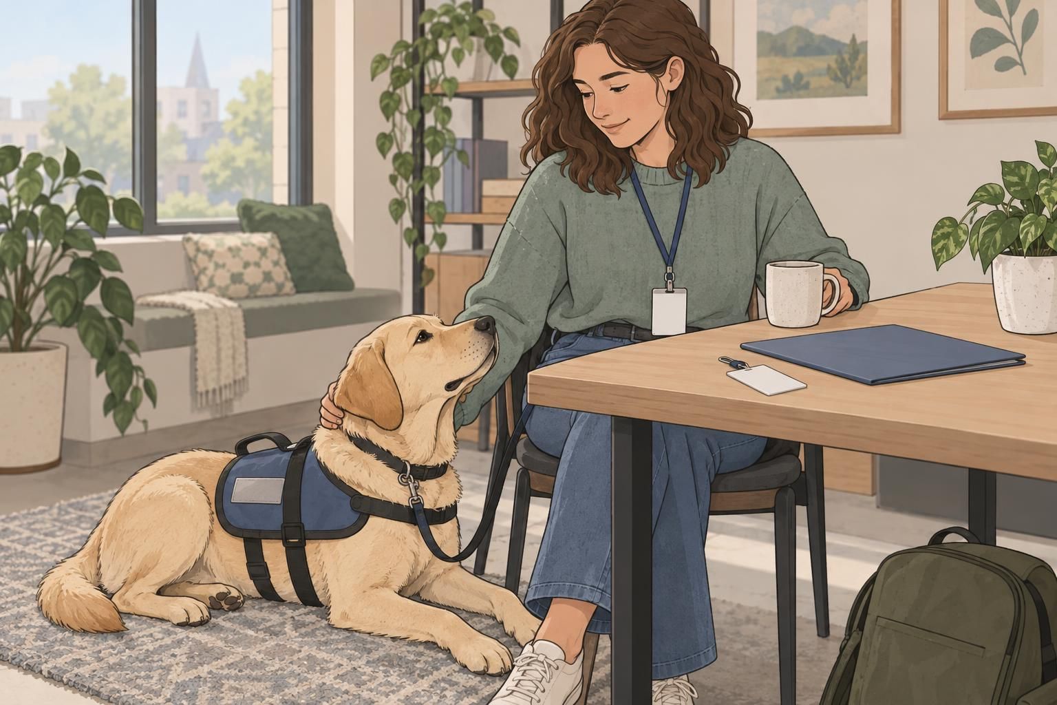 A handler and service dog sit beside a table holding a blank identification card and folder.