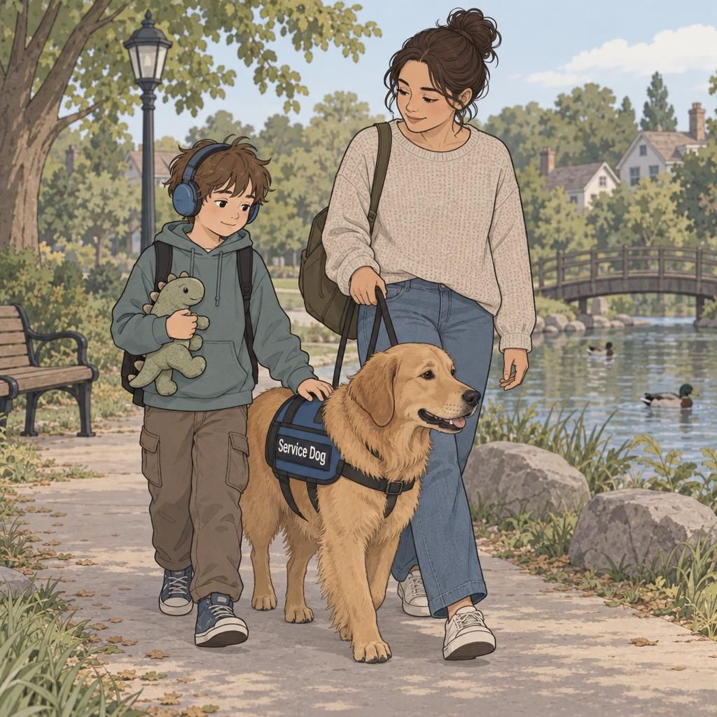 A child and parent walk with an autism service dog wearing a comfortable vest in a quiet neighborhood park.