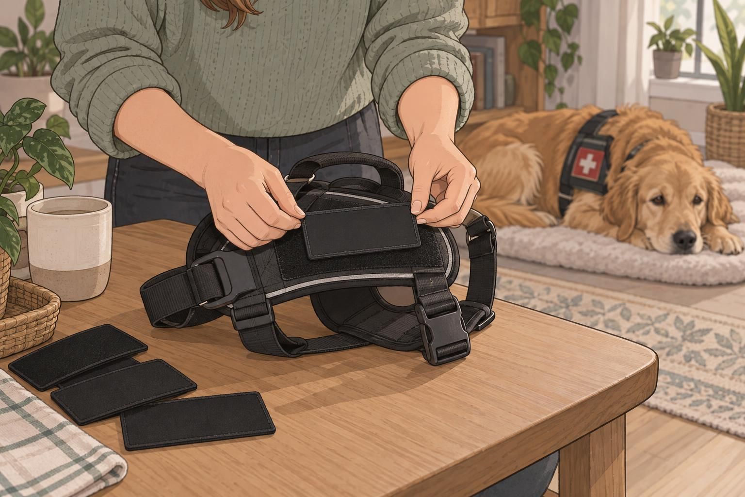 A handler attaches a removable patch to a dog harness while a medical alert dog rests nearby.