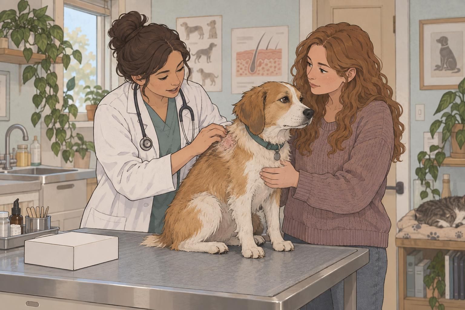 A veterinarian gently examines a dog’s skin while discussing possible irritation with the handler.