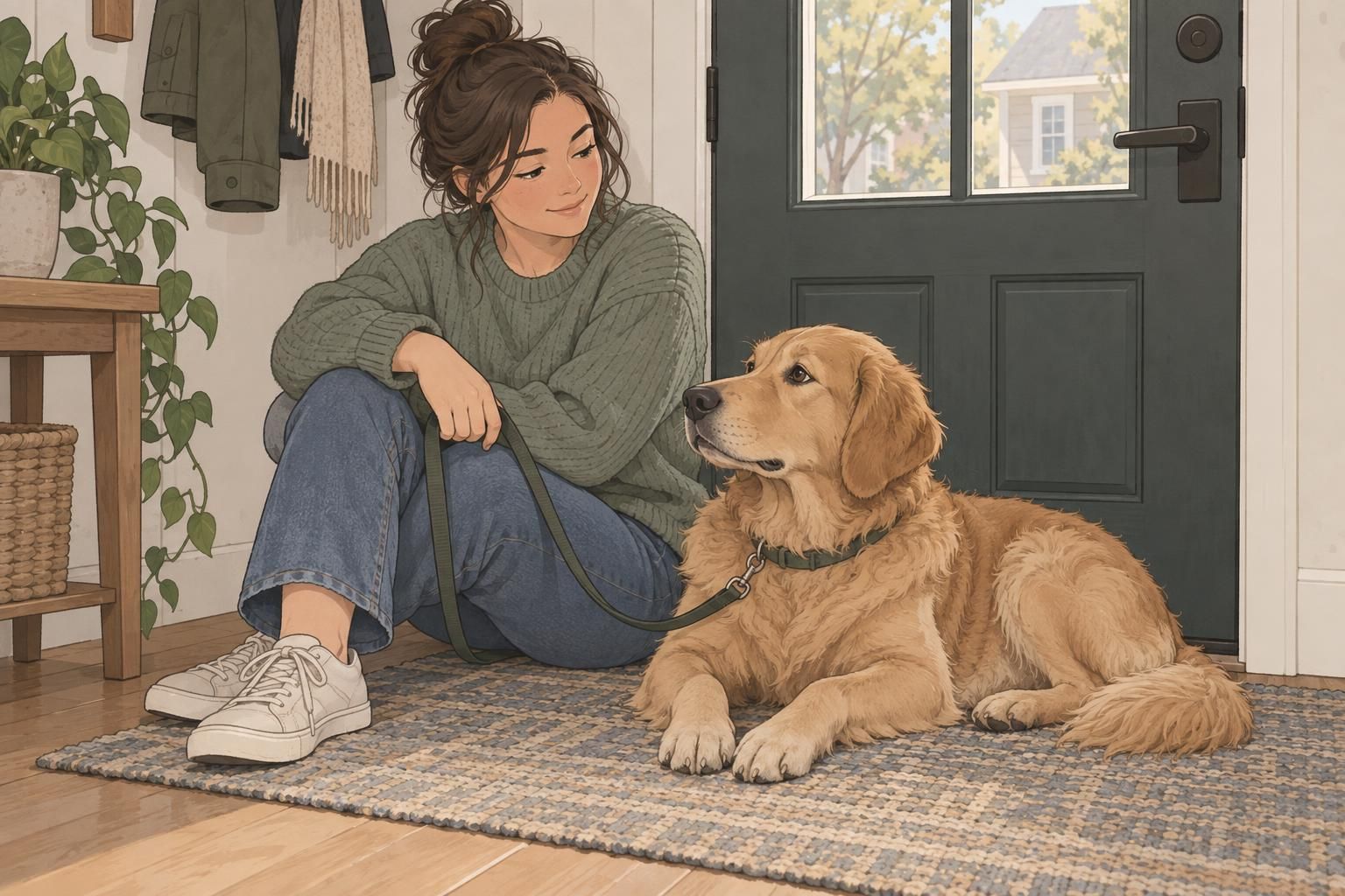 A blood sugar alert dog rests beside its handler near a doorway, wearing a collar and sturdy leash.