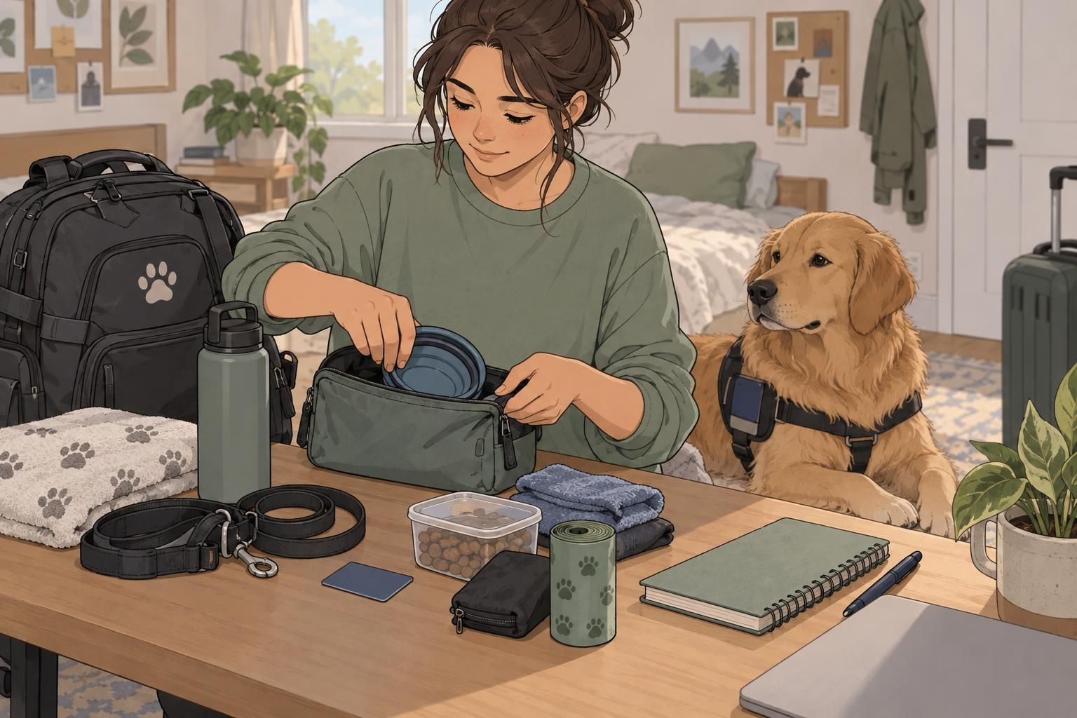 A traveler organizes service dog supplies and an optional identification card on a hotel desk.
