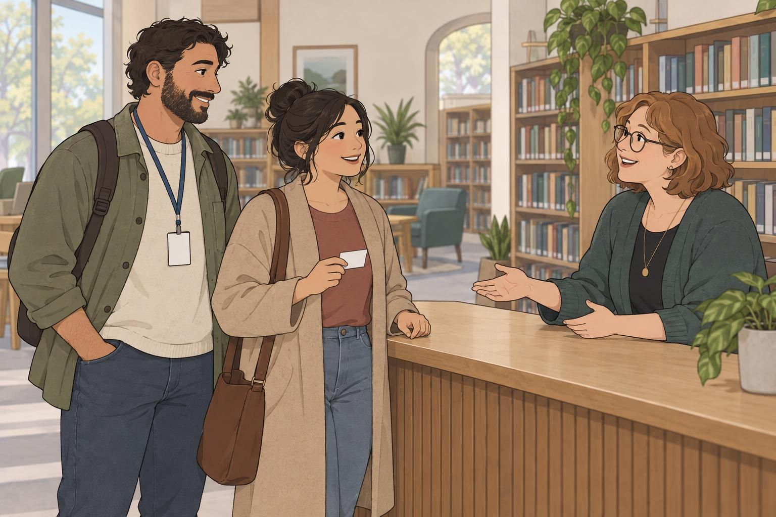A librarian welcomes two adult visitors, one wearing a blank temporary pass and the other holding a blank member card.