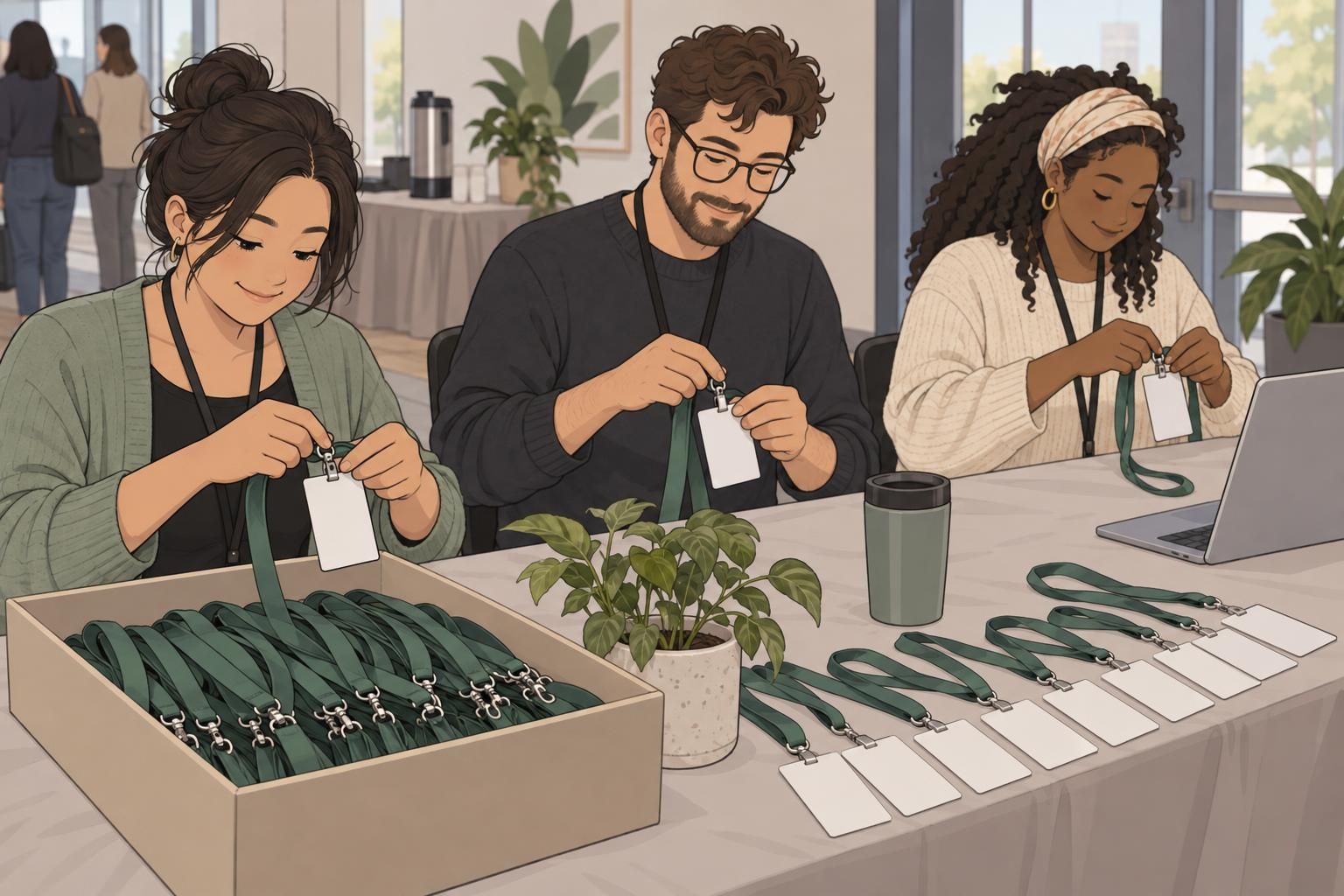 An event credentialing team prepares individual vendor badge cards and lanyards at a registration table.