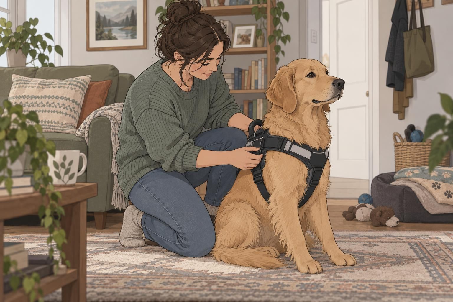 A handler checks the fit of an autism service dog’s harness at home, making sure it allows comfortable movement.
