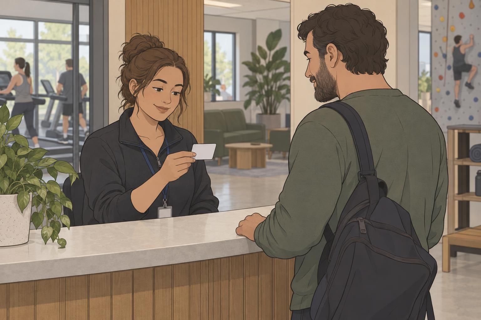 A recreation center staff member checks a visitor’s blank member ID card at the front desk.
