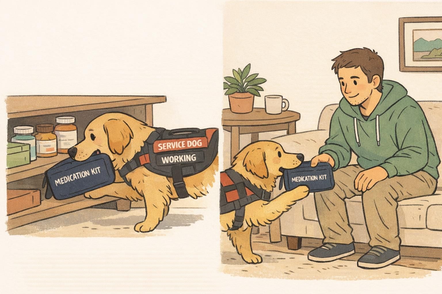 Service dog carefully retrieving a closed fabric medication pouch from a low shelf and delivering it to a seated handler, showing a safe, controlled retrieval protocol.