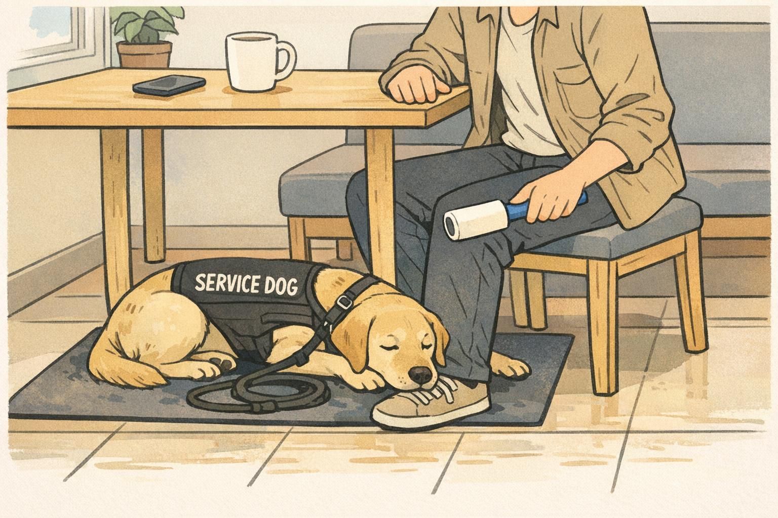 Service dog lying on a wipeable mat under a cafe table while the handler uses a lint roller, showing quick-clean routines that reduce transferred dander.