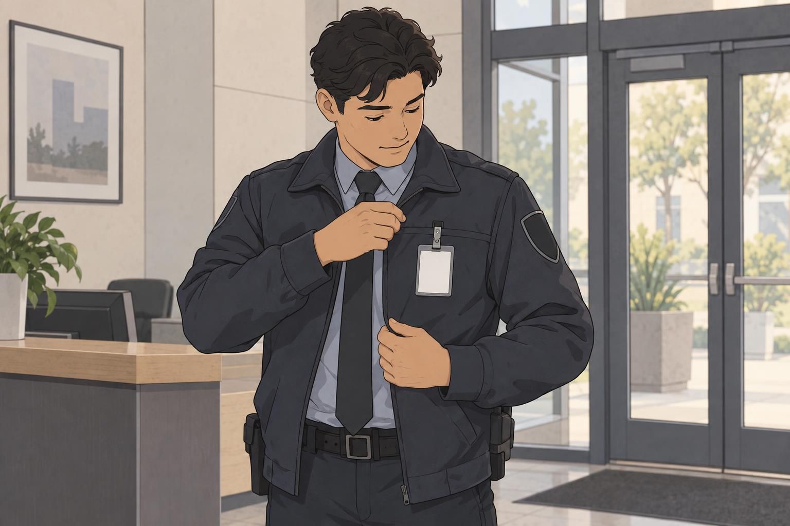 Security officer greets a visitor with identification clearly displayed on the outer uniform.