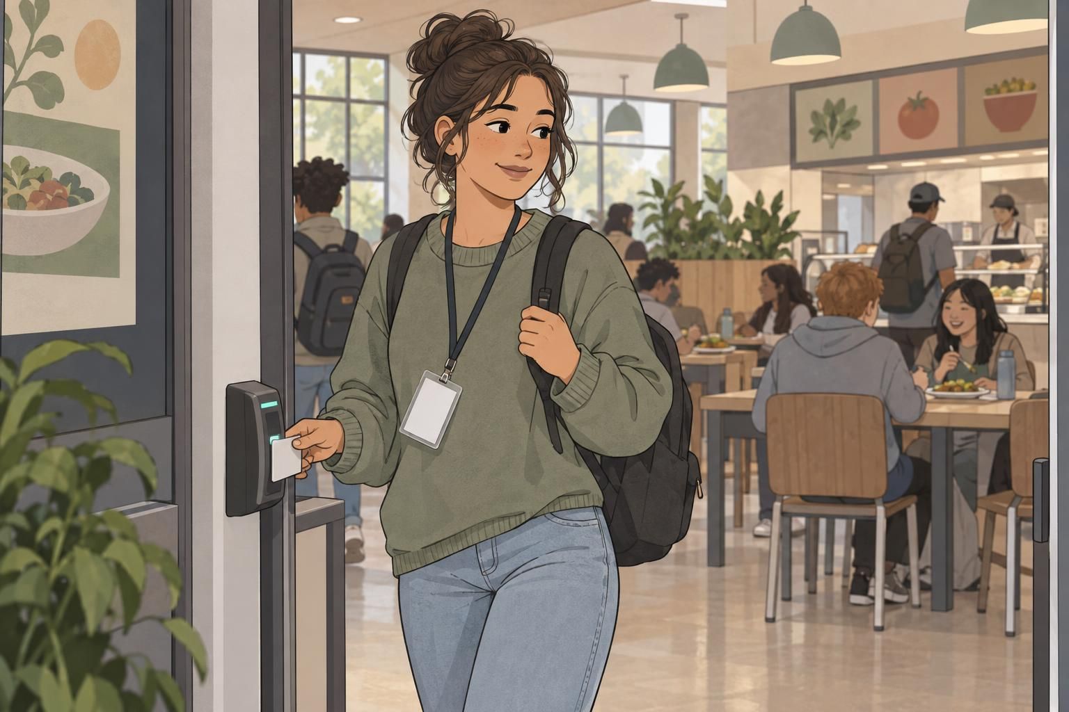 A student wears a student access card in a clear holder while entering a university dining area.