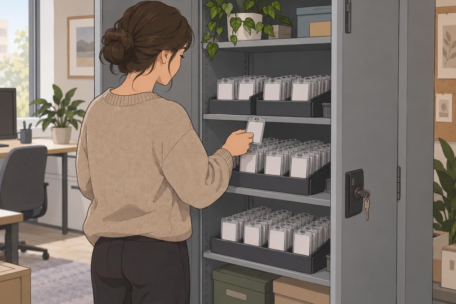 A locked cabinet keeps individual ID cards flat and separated in trays for secure storage and issuance.