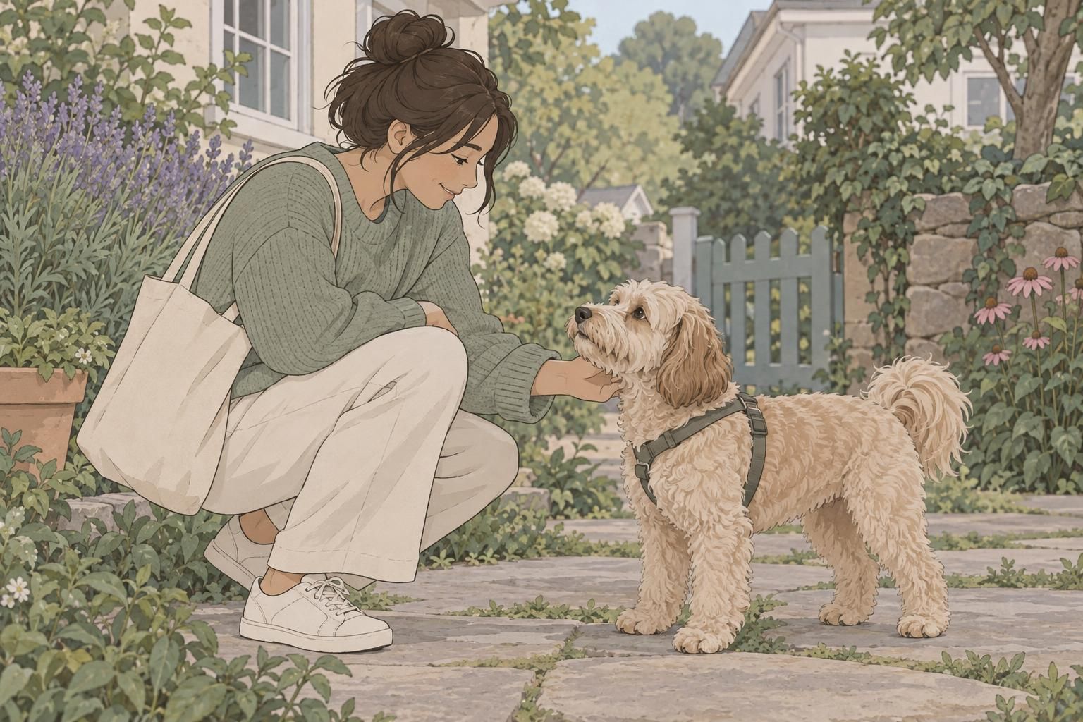 A person meets a low-shedding dog in a garden while considering whether they are a comfortable match.