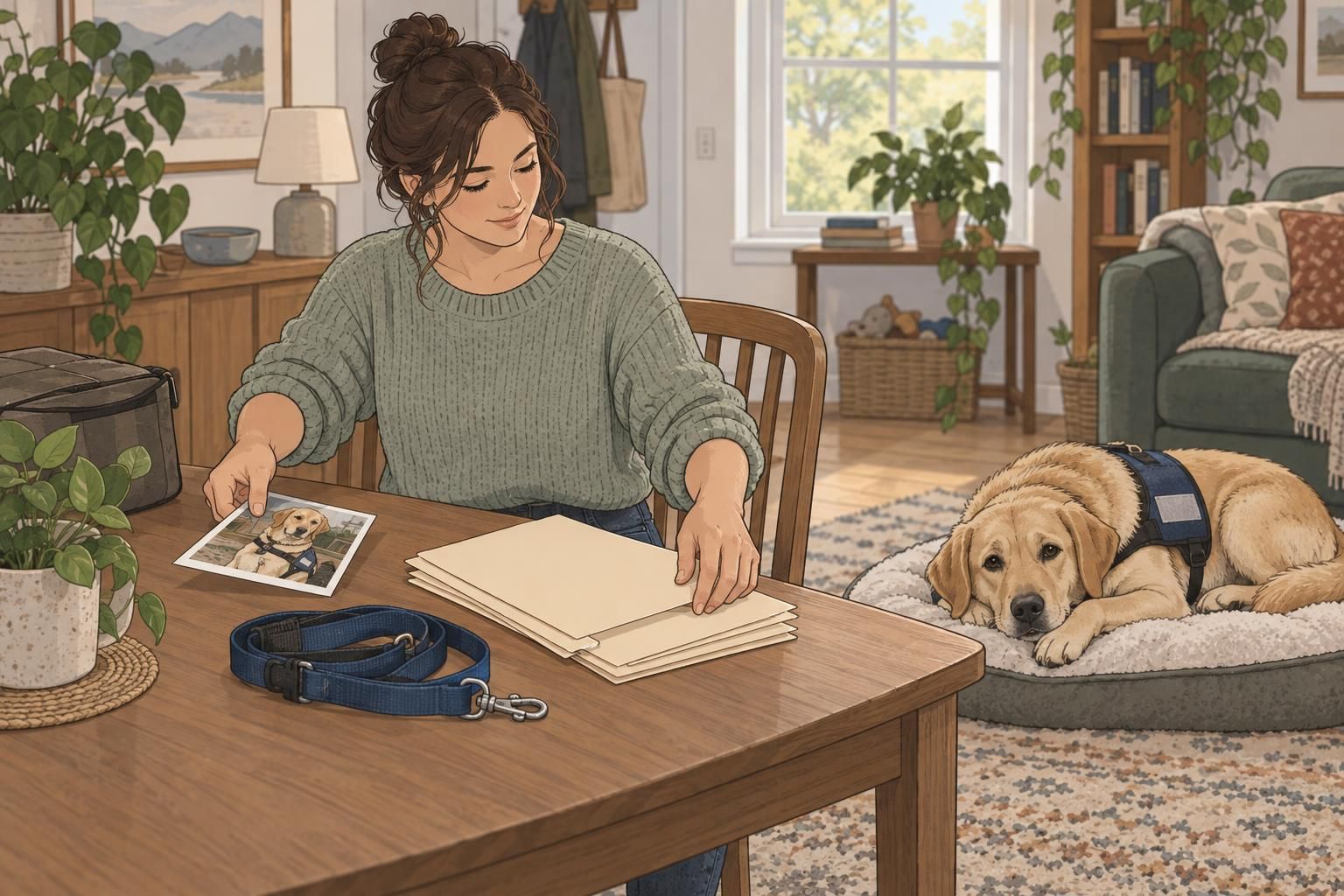 A handler organizes service dog identification materials and folders at home as the dog rests nearby.