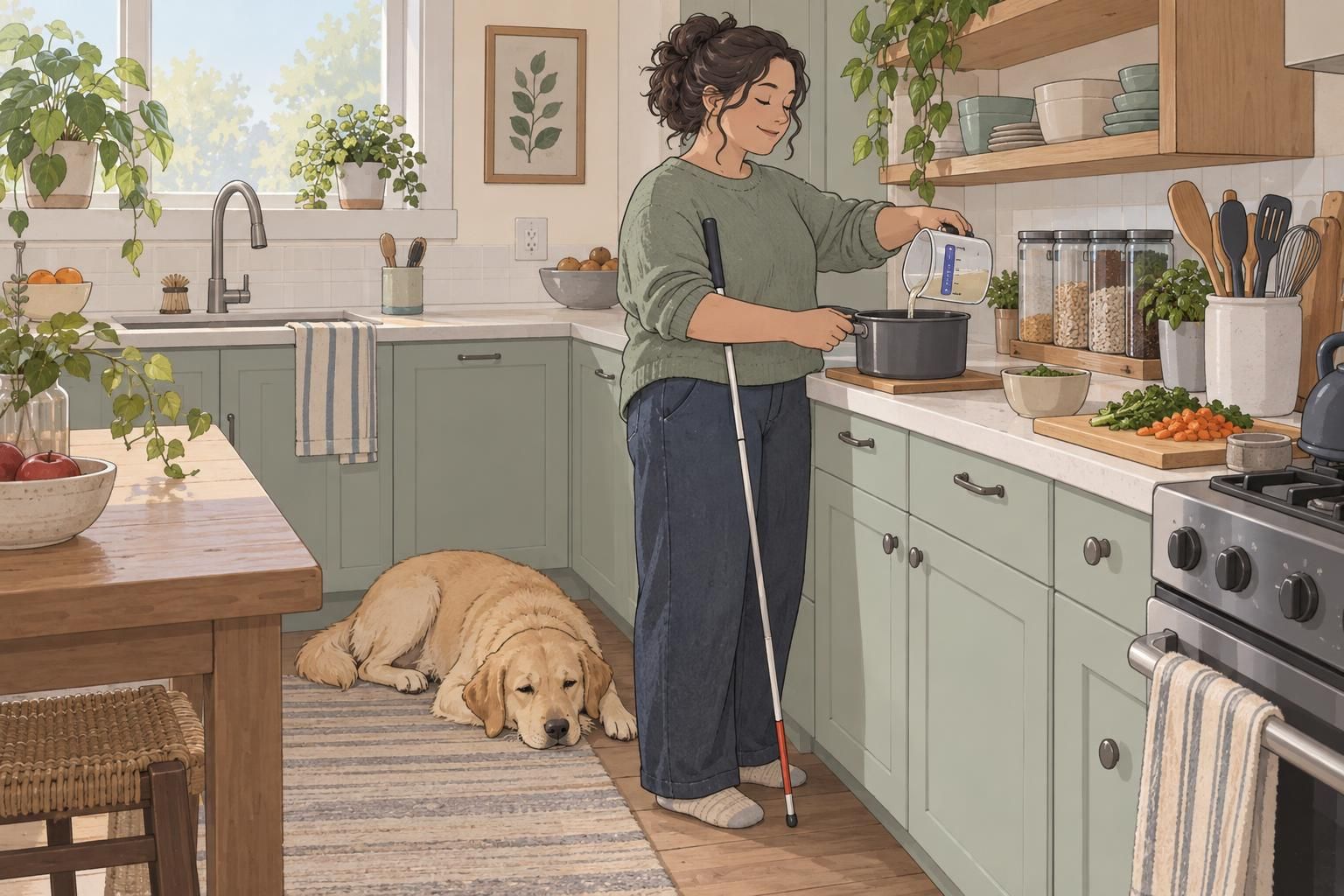 A blind adult and guide dog approach a pedestrian crossing on a familiar town route.