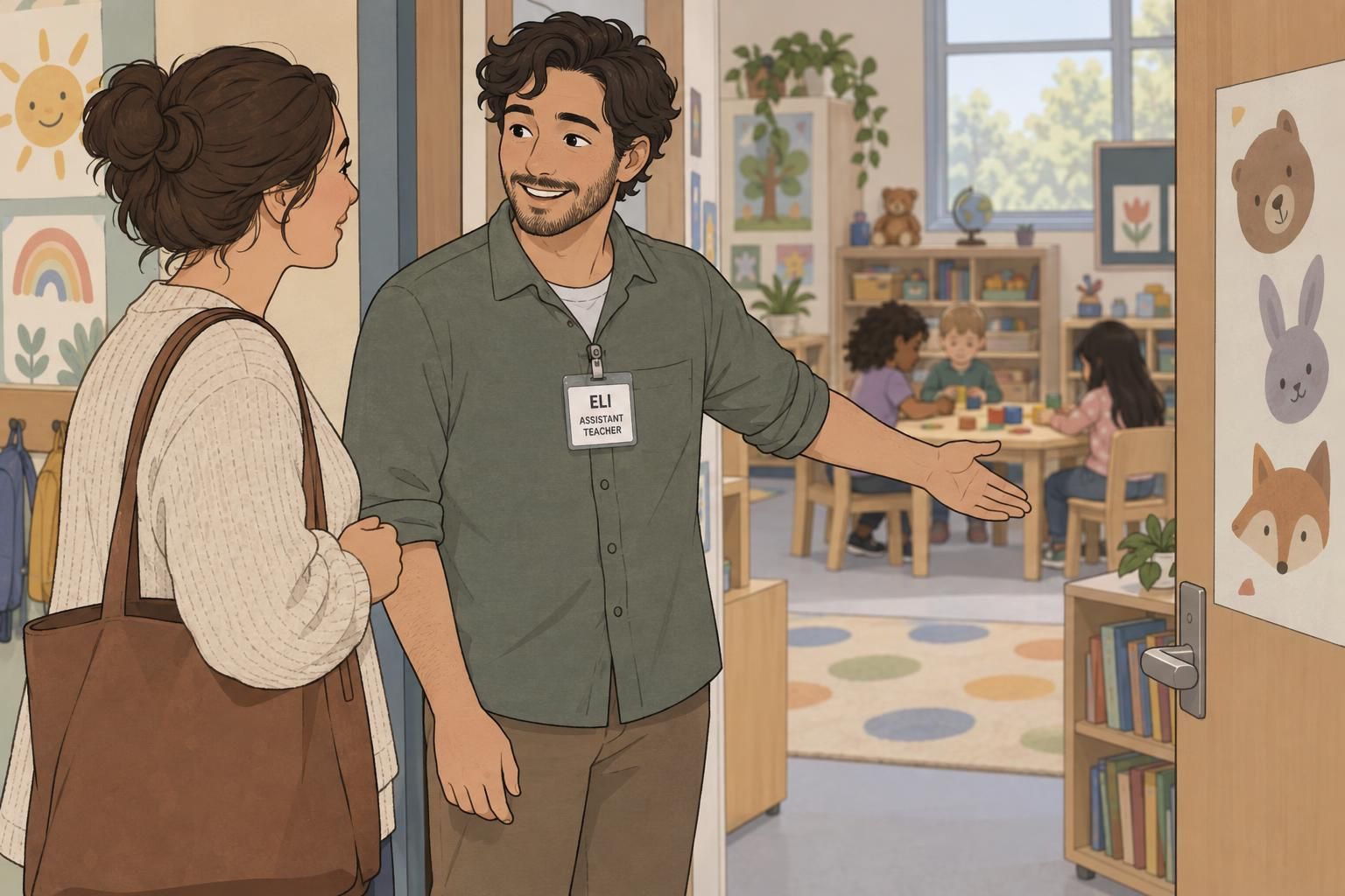 An assistant teacher wearing a clearly labeled badge speaks with a parent near a classroom doorway.