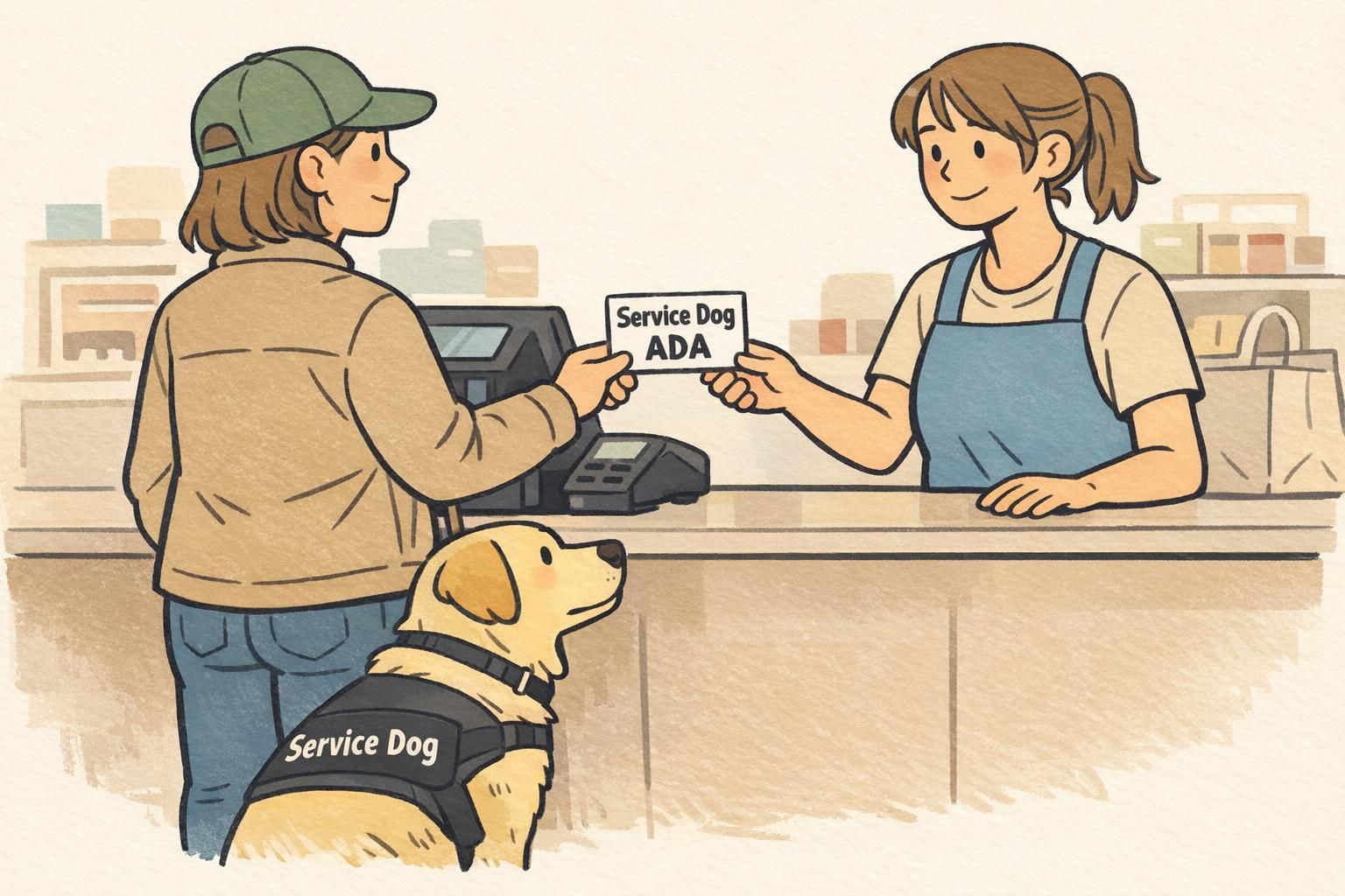 A calm checkout interaction where a handler shows a small service dog/ADA card and the hearing dog sits quietly in a vest at their side.