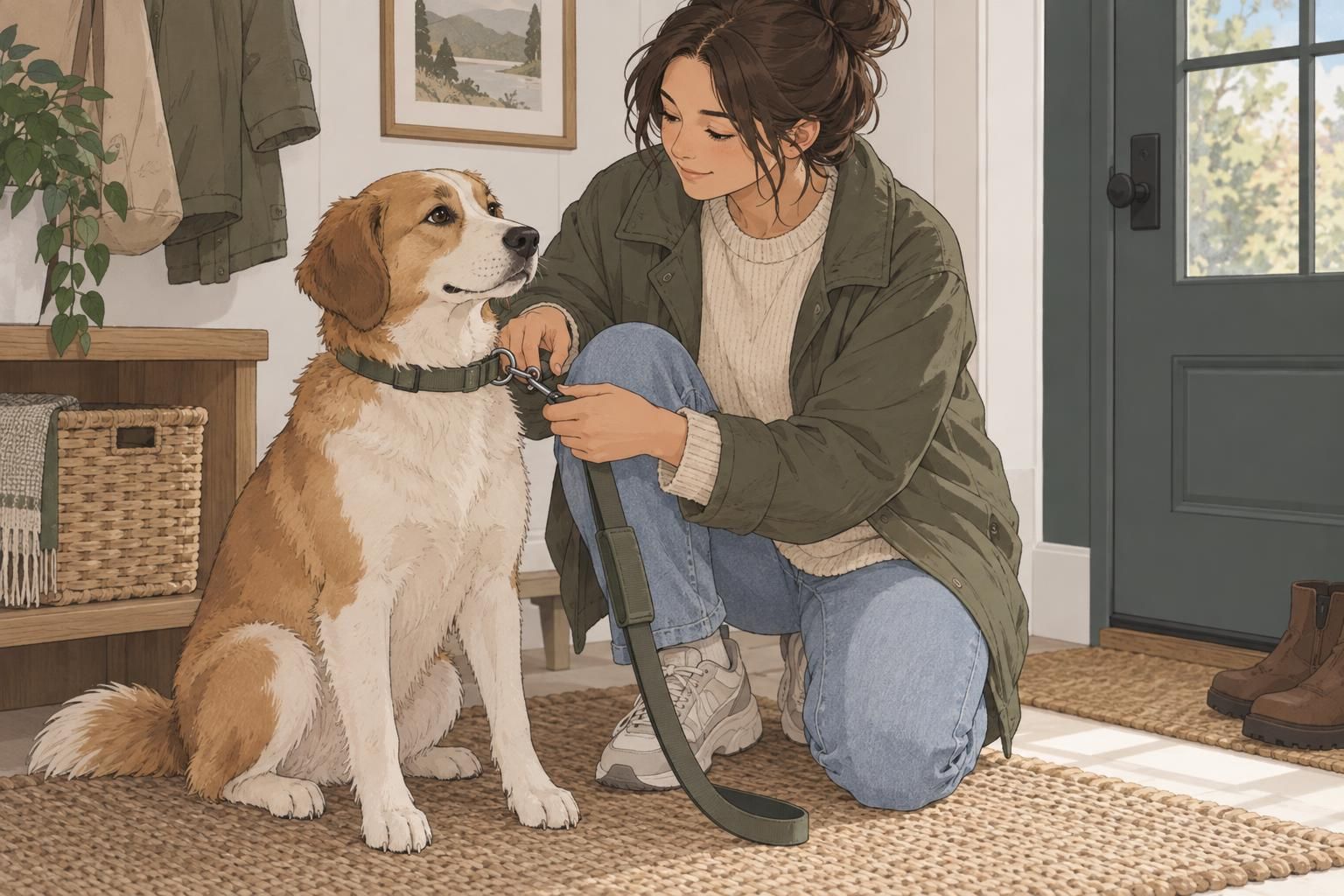 A handler attaches a leash wrap and clip before taking an assistance dog for a walk.