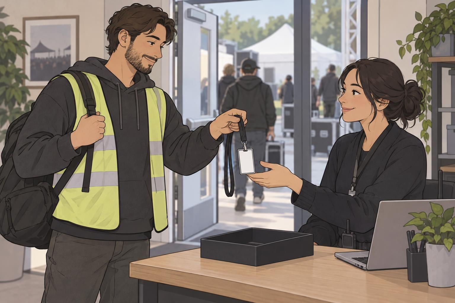 An event supervisor collects a contractor’s ID badge at the end of a shift.