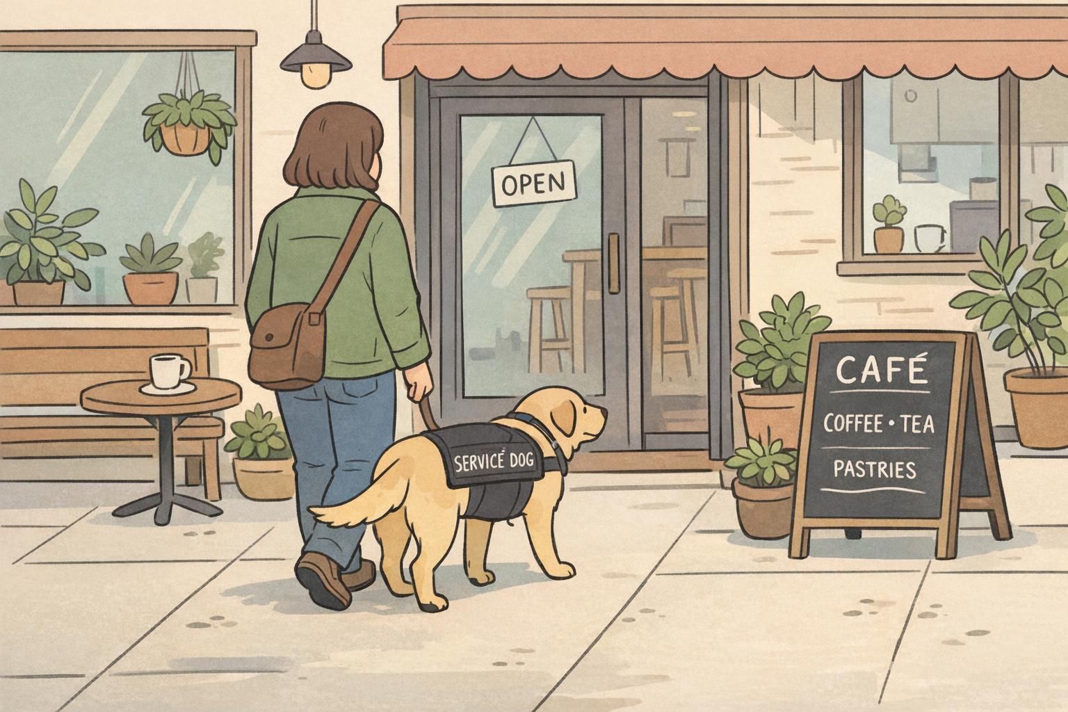 Handler entering a quiet café with a service dog wearing a vest, walking calmly beside the adult near the doorway to show public-access behavior.