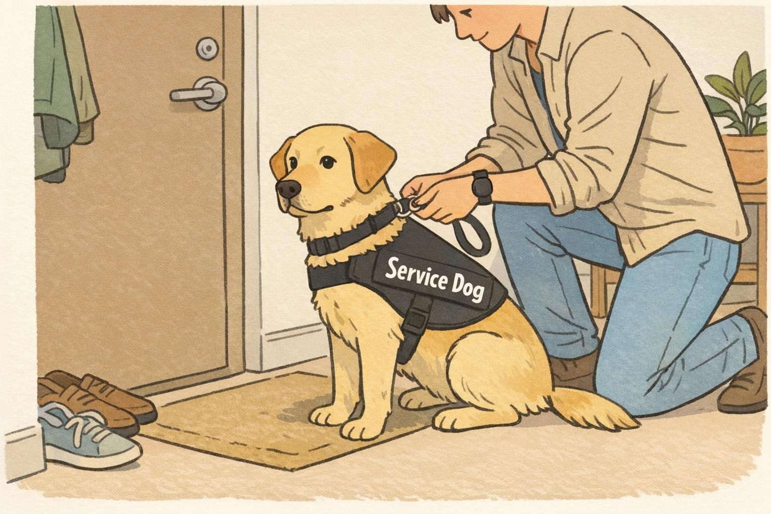An adult clips a leash onto a focused service dog wearing a plain working vest by an apartment doorway, preparing for a controlled public outing.