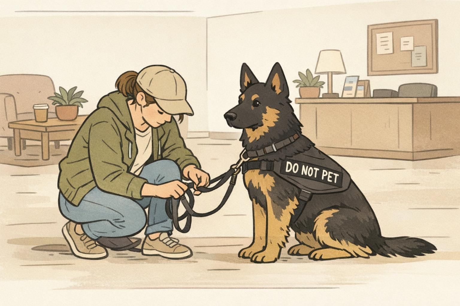 In a quiet lobby the handler adjusts the dog's leash while the dog maintains a focused heel; the dog wears a 'Do Not Pet' vest and both appear composed.