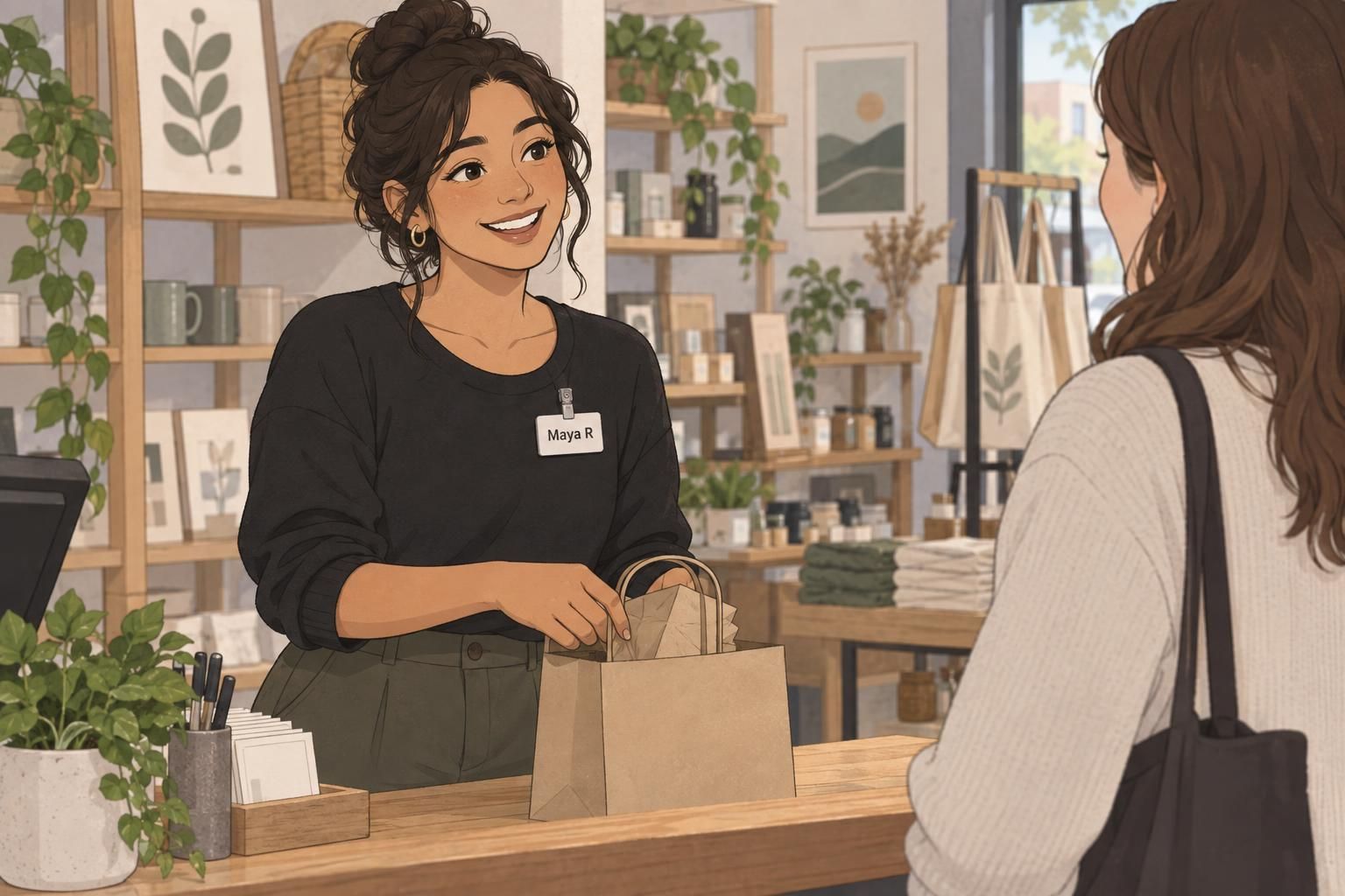 A retail associate greets a shopper with a name tag showing Maya R, using an optional last initial to distinguish coworkers.