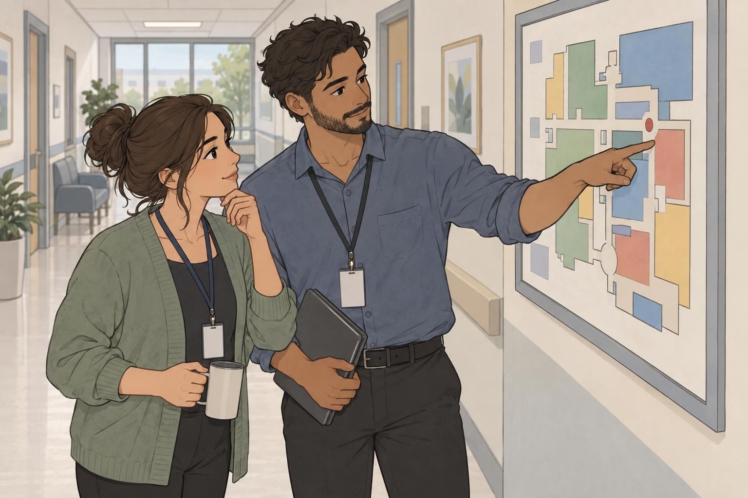 Two staff members wearing facility badges compare colored route zones on a corridor map.