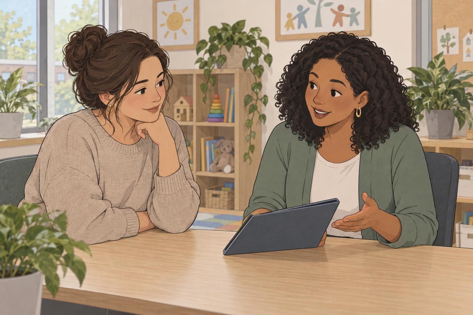 A parent and childcare center director discuss licensing and staff qualifications at a desk.