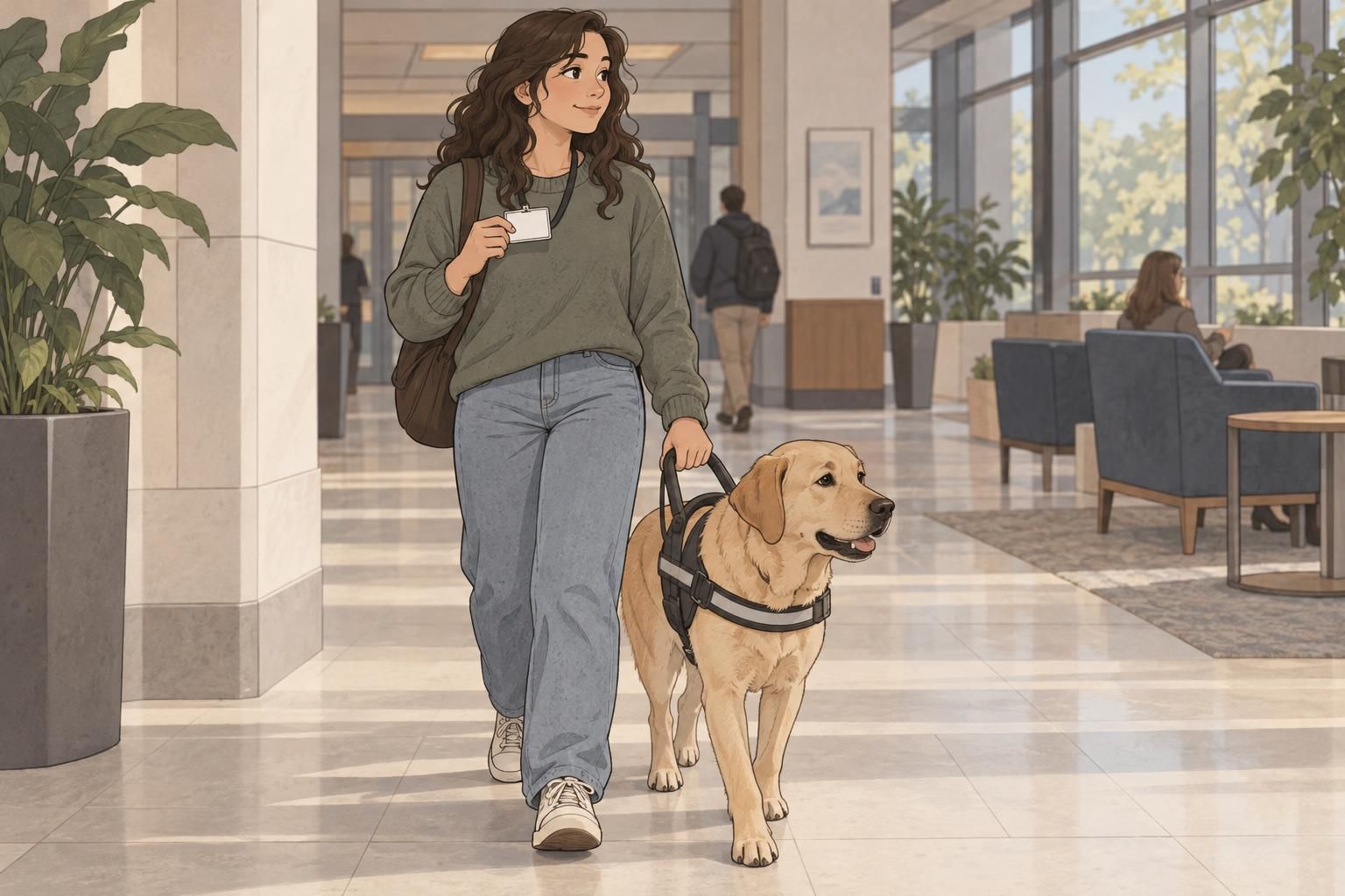 A handler walks with a service dog through a quiet public building while carrying an identification card.