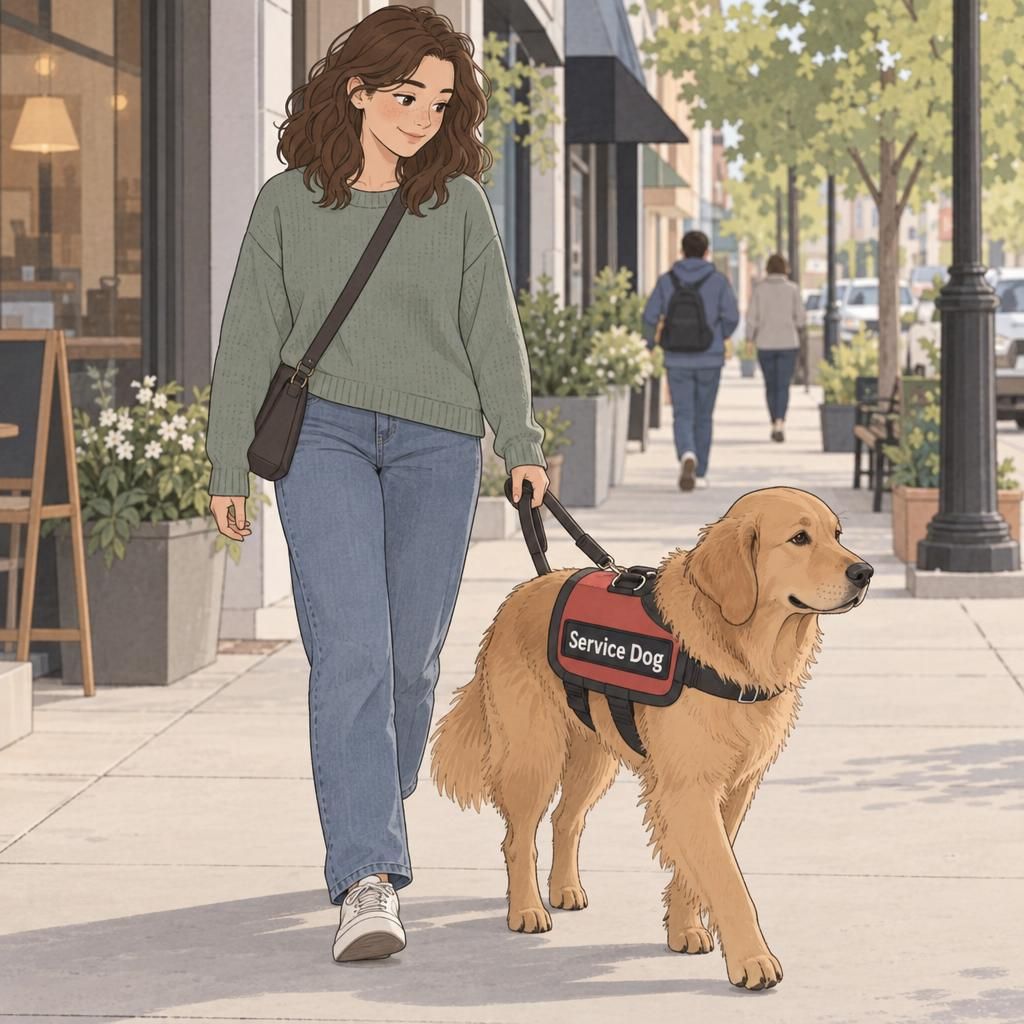 A handler walks with a calm blood sugar alert dog wearing a simple service vest for clear working-dog identification.