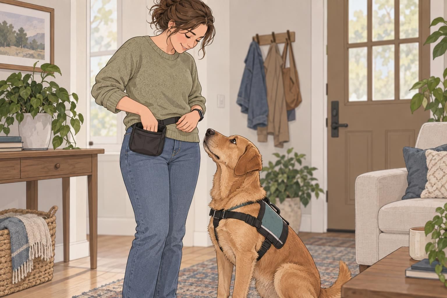 A handler reaches into a treat pouch to reward a blood sugar alert dog during training.