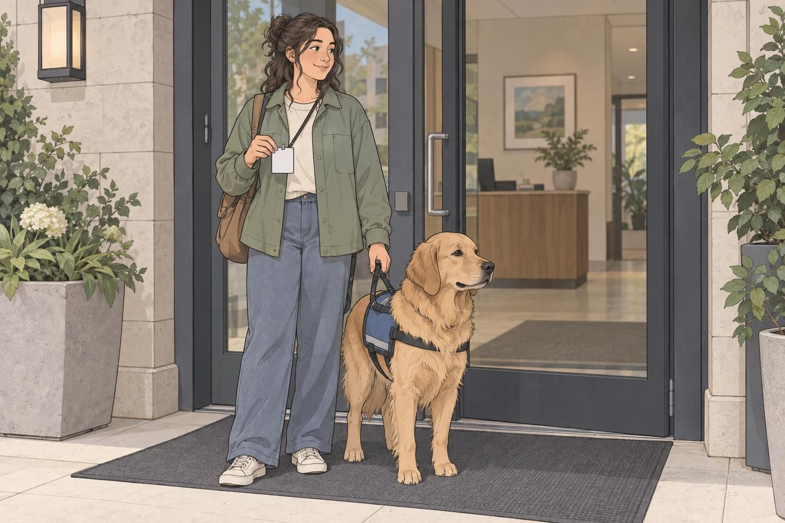 A service dog handler stands with their calm dog near a building entrance while carrying an identification card.
