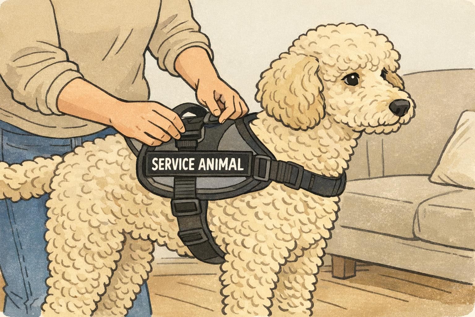 Handler adjusts a lightweight, low-bulk harness on a curly-coated dog indoors, demonstrating a secure fit and a slim readable side patch for clear identification.