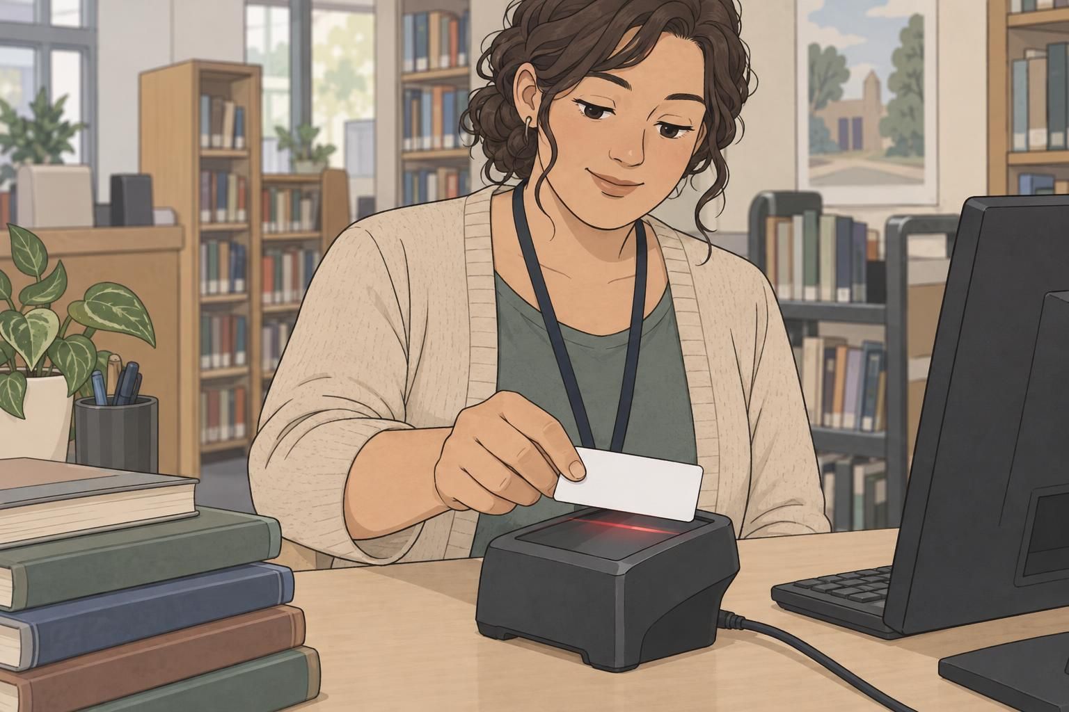 A librarian tests a blank member card on a tabletop barcode scanner to check scanning reliability.