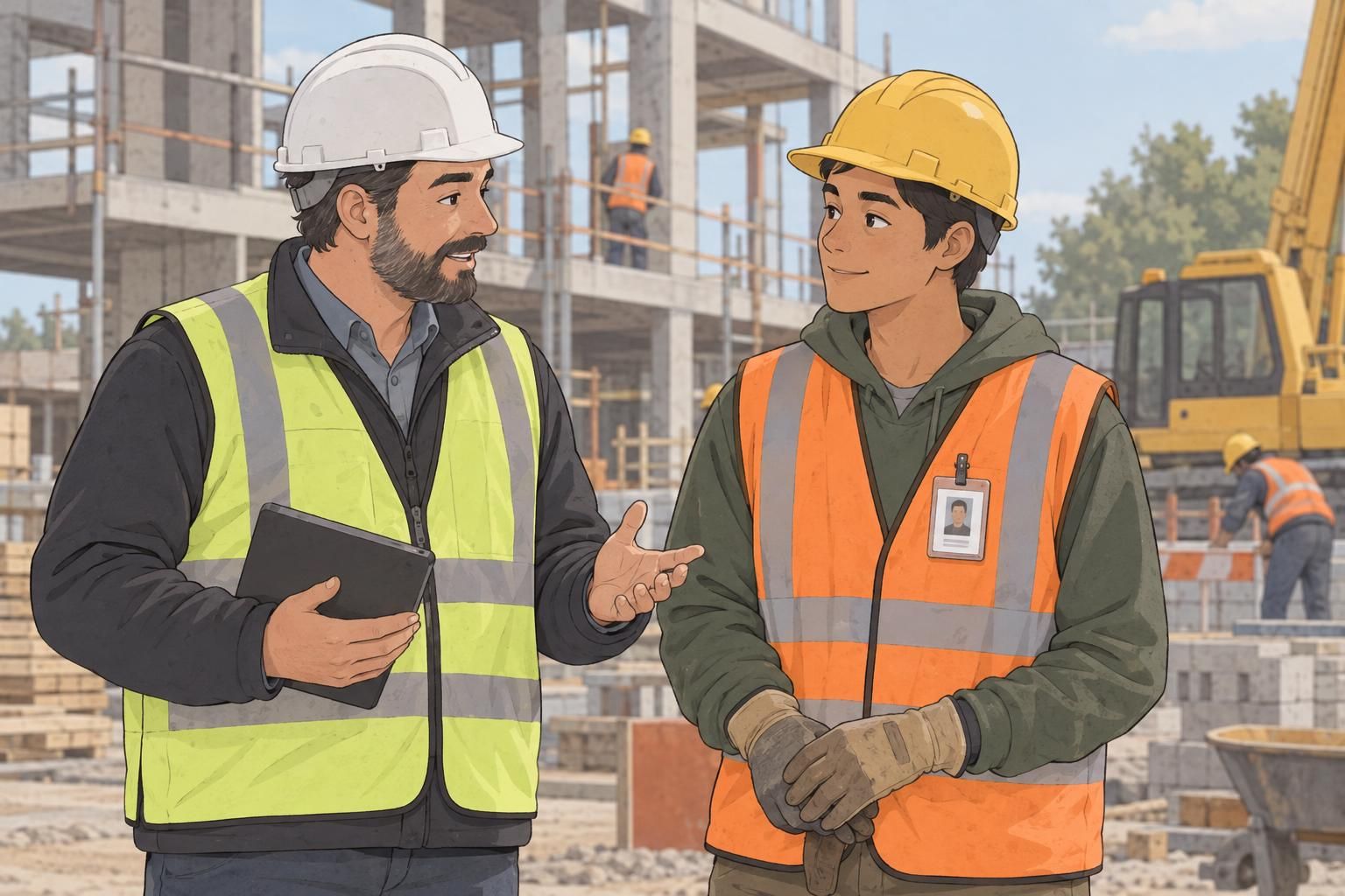 Worker presenting a construction site ID from a retractable reel clipped above the waist, with the cord clear of nearby equipment.